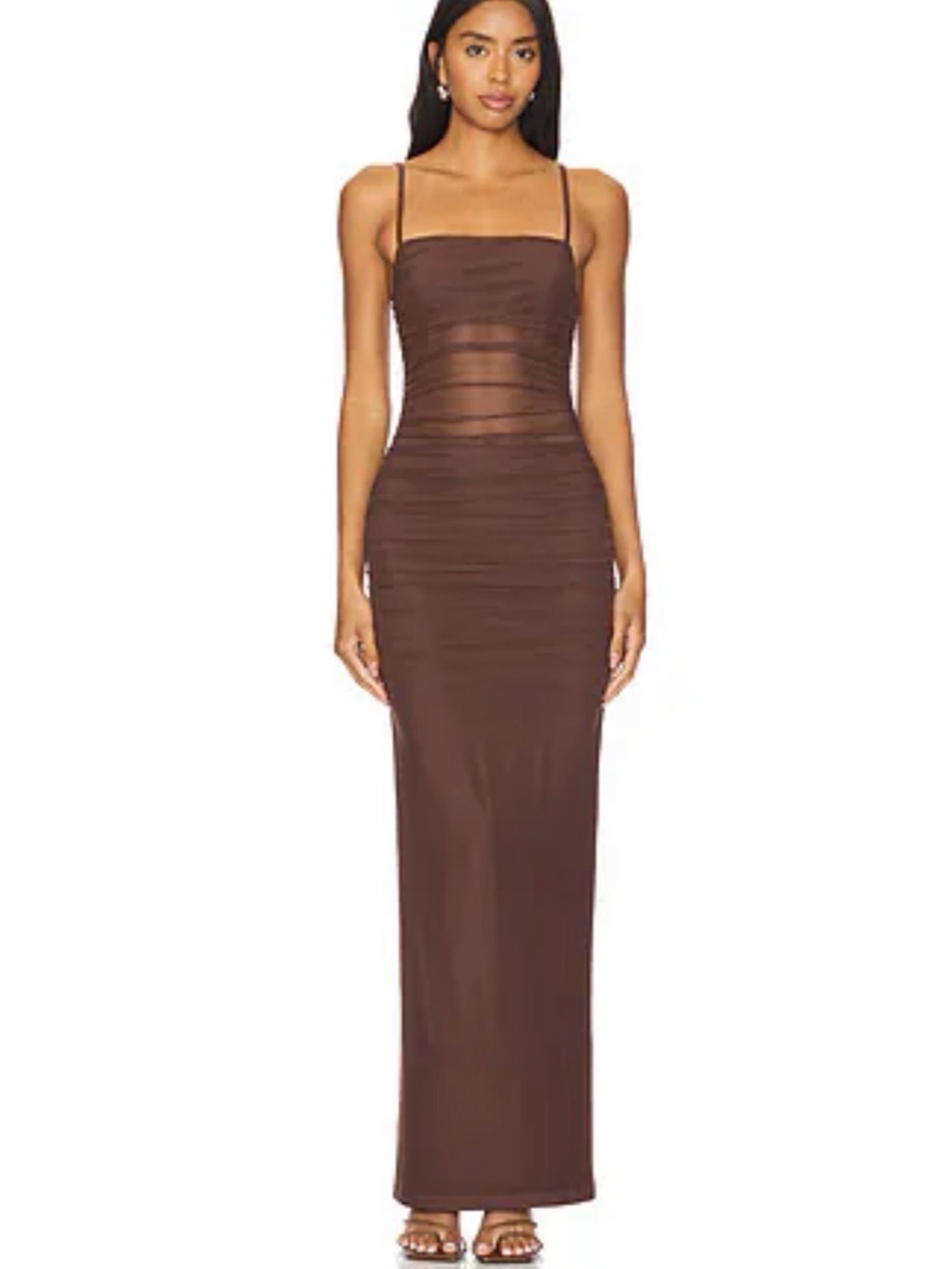 Celeste Brown Sheer-Panel Maxi Dress with Spaghetti Straps